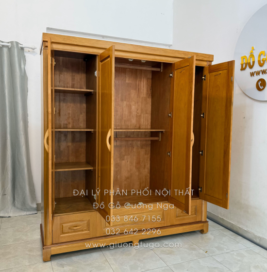 Tủ Quần Áo Gỗ Gõ Đỏ 4 Cánh 1m9 Sang Trọng