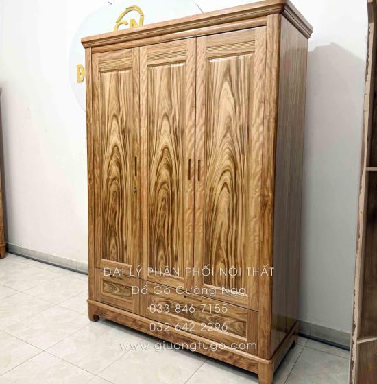 Tủ Quần Áo Gỗ Hương Xám 3 Cánh Mẫu Trơn 1m52