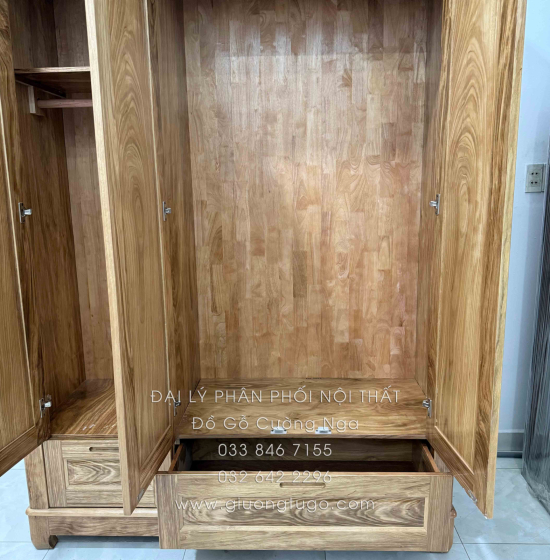 Tủ Quần Áo Gỗ Hương Xám 3 Cánh Mẫu Trơn 1m52