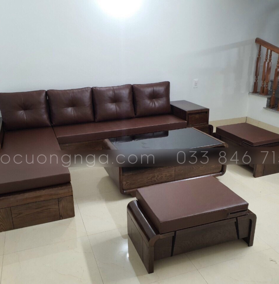 Bộ Bàn Ghế Sofa Góc L Gỗ Sồi Nga Chân Cuốn - Vế Phải Nệm Vải Bố 