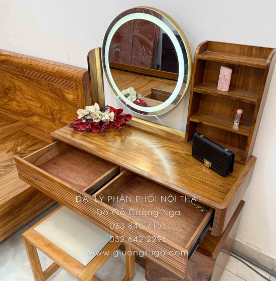 Bàn Trang Điểm Gỗ Hương Xám Hiện Đại Đèn Cảm Ứng Thông Minh 