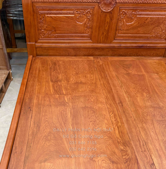 Giường Ngủ Gỗ Hương Đá Cao Cấp -  Phản Liền Tấm - Họa Tiết Xẻ Quạt
