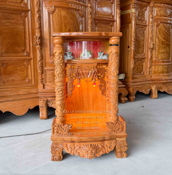 Bàn Thờ Ông Địa -Thần Tài Gỗ Gõ Đỏ 50cm x 81cm Hộp Đèn