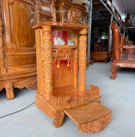 Bàn Thờ Ông Địa -Thần Tài Gỗ Gõ Đỏ 50cm x 81cm Hộp Đèn