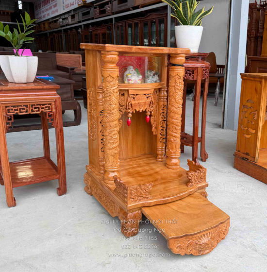 Bàn Thờ Ông Địa -Thần Tài Gỗ Gõ Đỏ 50cm x 81cm Hộp Đèn