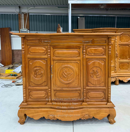Tủ thờ gỗ gõ đỏ 1m53 cánh cong - trạm chữ BT 014
