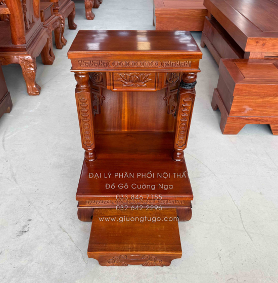 Bàn Thờ Ông Địa - Thần Tài Gỗ Tràm Chạm Sen Hiện Đại 48cm