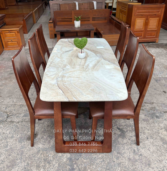 Bàn Ăn Gỗ Sồi Nga Mặt Đá 6 Ghế Nệm Lau Màu Óc Chó Hiện Đại