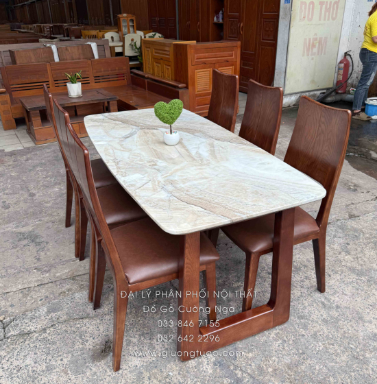 Bàn Ăn Gỗ Sồi Nga Mặt Đá 6 Ghế Nệm Lau Màu Óc Chó Hiện Đại