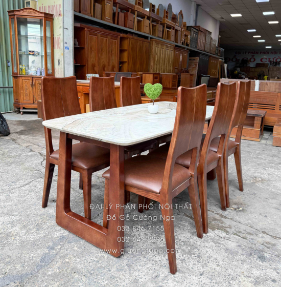 Bàn Ăn Gỗ Sồi Nga Mặt Đá 6 Ghế Nệm Lau Màu Óc Chó Hiện Đại