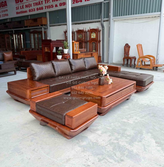 Sofa Gỗ Hương Vàng Góc L Chân Thuyền 3m25 x 2m15 Cao Cấp