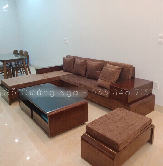 Bộ Bàn Ghế Sofa Góc L Gỗ Sồi Nga Chân Cuốn - Vế Phải Nệm Vải Bố 