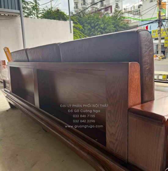 Bộ Sofa Gỗ Sồi Nga 2 Văng Chân Thuyền 3m3x2m6 Màu Óc Chó Cao Cấp