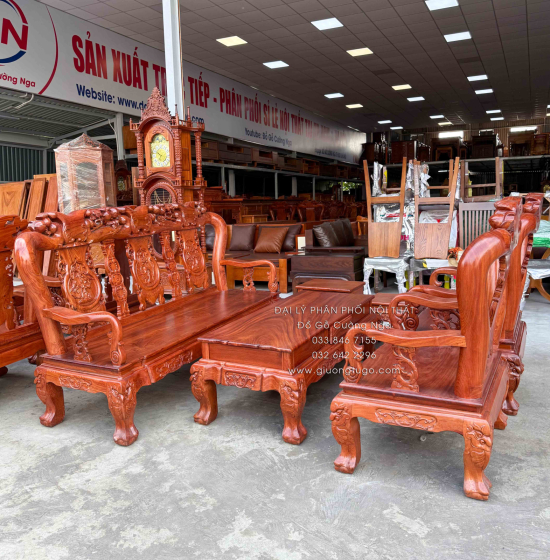 Bộ Bàn Ghế Salon Gỗ Hương Đá Mặt Liền Nguyên Tấm 10 Trạm Đào 6 Món 