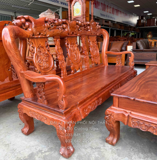 Bộ Bàn Ghế Salon Gỗ Hương Đá Mặt Liền Nguyên Tấm 10 Trạm Đào 6 Món 