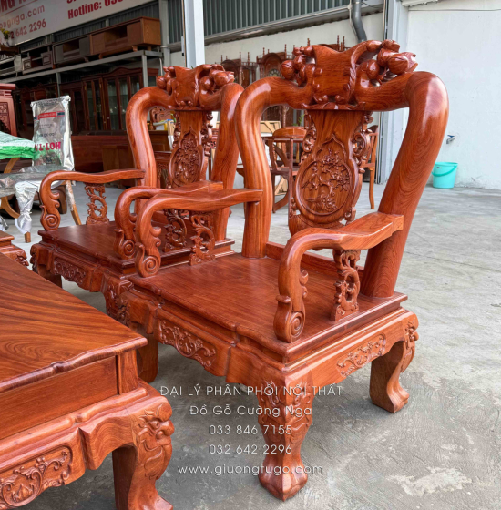 Bộ Bàn Ghế Salon Gỗ Hương Đá Mặt Liền Nguyên Tấm 10 Trạm Đào 6 Món 