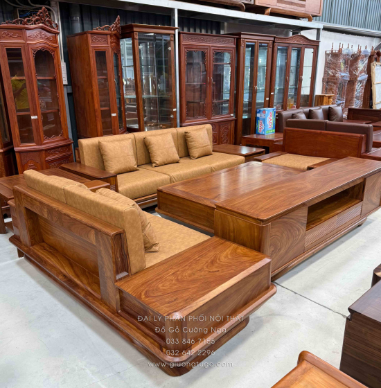 Bộ Sofa Gỗ Hương Vàng 2 Văng Chân Thuyền 3m45x2m75 Cao Cấp