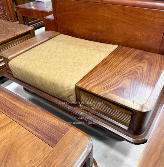 Bộ Sofa Gỗ Hương Vàng 2 Văng Chân Thuyền 3m45x2m75 Cao Cấp