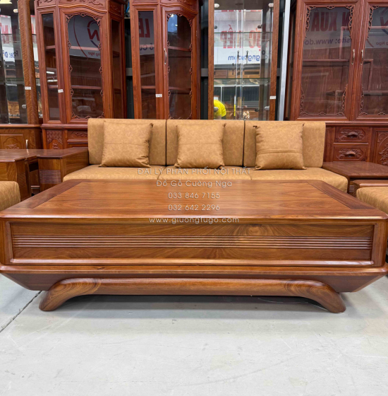 Bộ Sofa Gỗ Hương Vàng 2 Văng Chân Thuyền 3m45x2m75 Cao Cấp