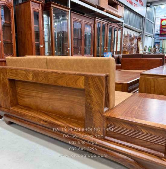 Bộ Sofa Gỗ Hương Vàng 2 Văng Chân Thuyền 3m45x2m75 Cao Cấp