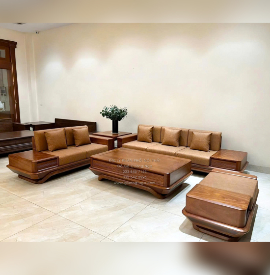 Bộ Sofa Gỗ Hương Vàng 2 Văng Chân Thuyền 3m45x2m75 Cao Cấp