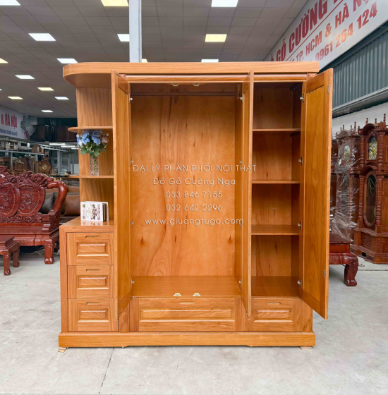 Tủ Áo Gỗ Gõ Đỏ 3 Cánh Kèm Góc Trang Trí Bo Cạnh