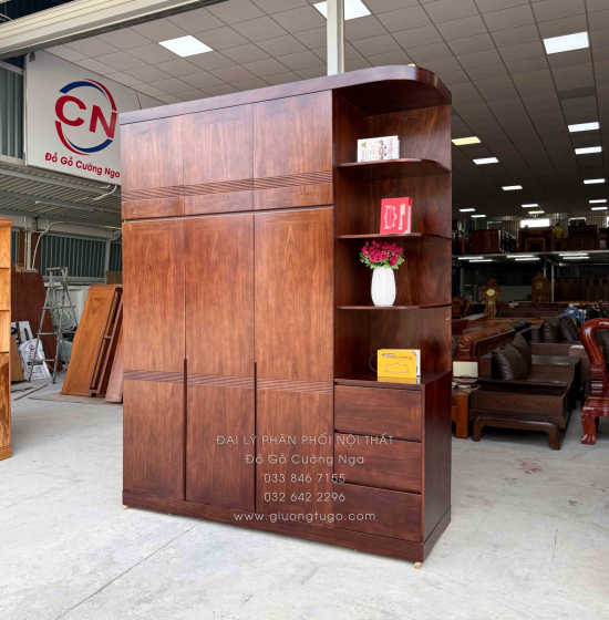 Tủ Quần Áo Gỗ Hương Xám 3 Cánh 2m3 Màu Óc Chó Kèm Kệ Trang Trí