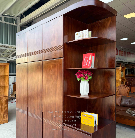 Tủ Quần Áo Gỗ Hương Xám 3 Cánh 2m3 Màu Óc Chó Kèm Kệ Trang Trí