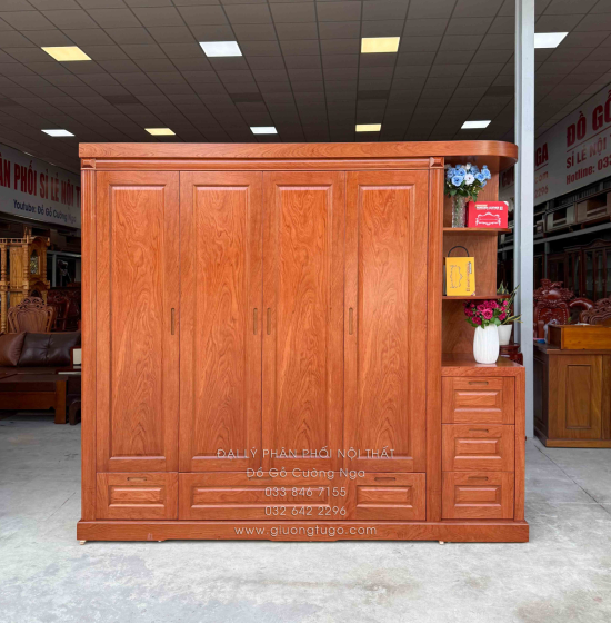 Tủ Áo Gỗ Hương Đá 4 Cánh Kèm Góc Trang Trí Bo Cạnh
