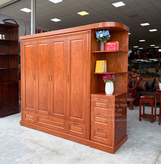 Tủ Áo Gỗ Hương Đá 4 Cánh Kèm Góc Trang Trí Bo Cạnh