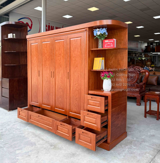 Tủ Áo Gỗ Hương Đá 4 Cánh Kèm Góc Trang Trí Bo Cạnh