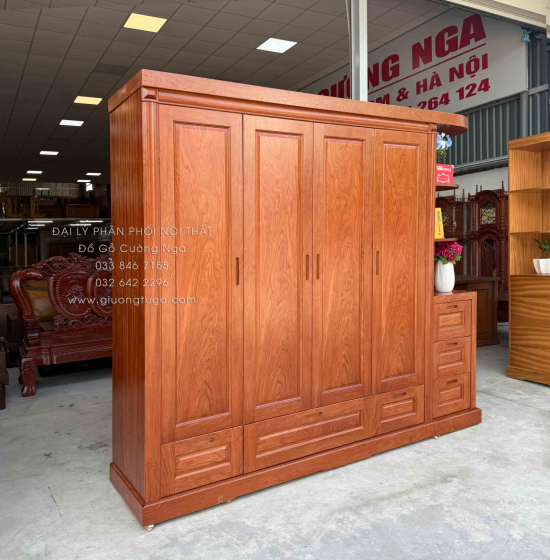 Tủ Áo Gỗ Hương Đá 4 Cánh Kèm Góc Trang Trí Bo Cạnh
