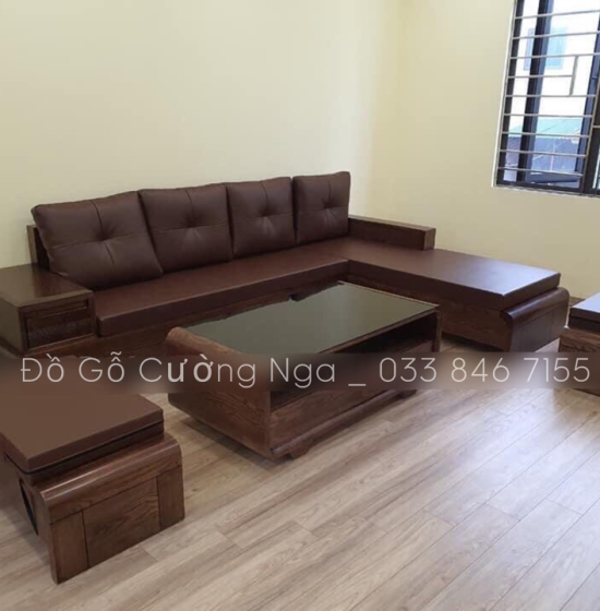 Bộ Bàn Ghế Sofa Góc L Gỗ Sồi Nga Chân Cuốn - Vế Phải Nệm Vải Bố 