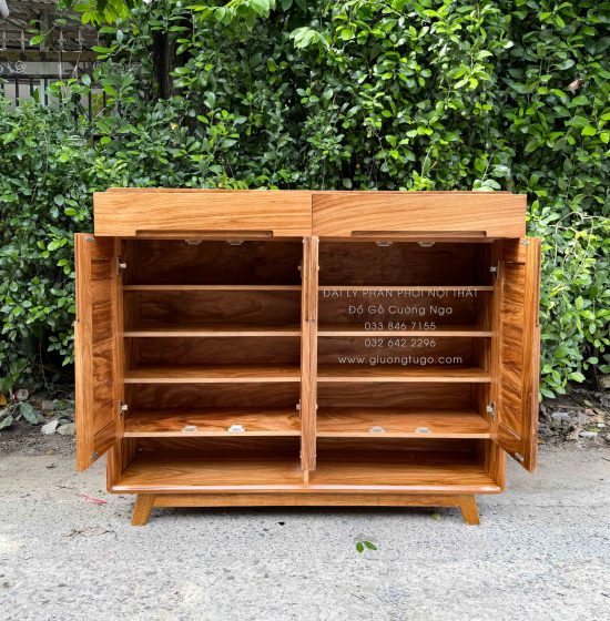 Tủ Giày Dép Gỗ Hương Xám 4 Cánh Chân Cao Hiện Đại