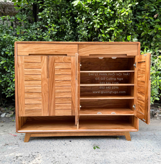 Tủ Giày Dép Gỗ Hương Xám 4 Cánh Chân Cao Hiện Đại