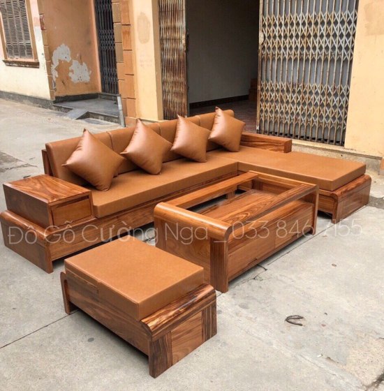 Bộ Sofa Gỗ Gõ Đỏ 2m7x1m9 ( Tặng Nệm Da Hàn Quốc )