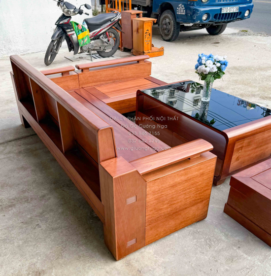 Sofa Gỗ Đinh Hương Góc L Tựa Soi 2m1x1m6 Kết Hợp Bàn Boom