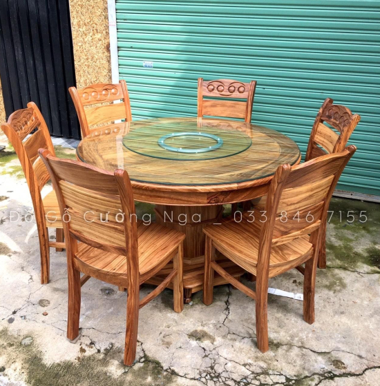 Bộ bàn ăn tròn xoay gỗ hương xám 6 ghế hiện đại BG 019