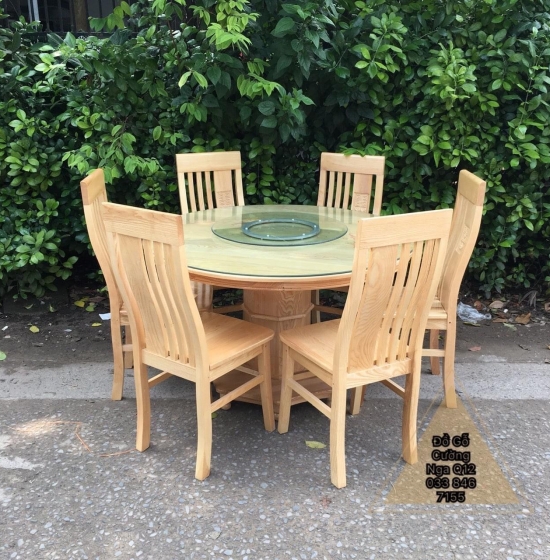 Bộ bàn ăn tròn mâm xoay gỗ sồi giá rẻ BG 070