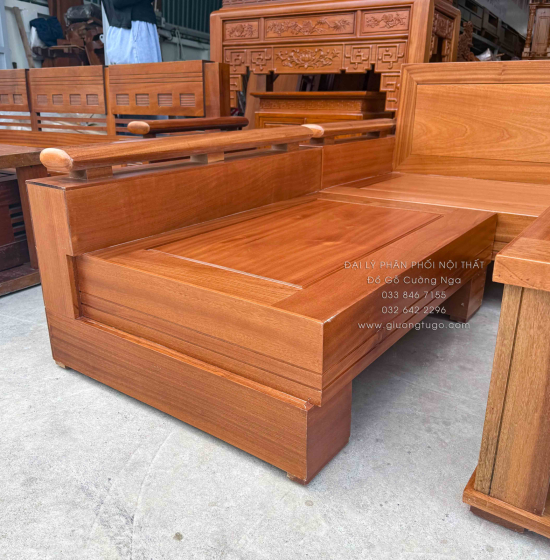  Bàn Ghế Sofa Gỗ Xoan Đào Góc L 2m1x1m6 - Lưng Liền 
