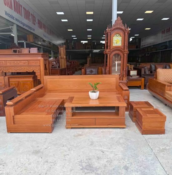  Bàn Ghế Sofa Gỗ Xoan Đào Góc L 2m1x1m6 - Lưng Liền 