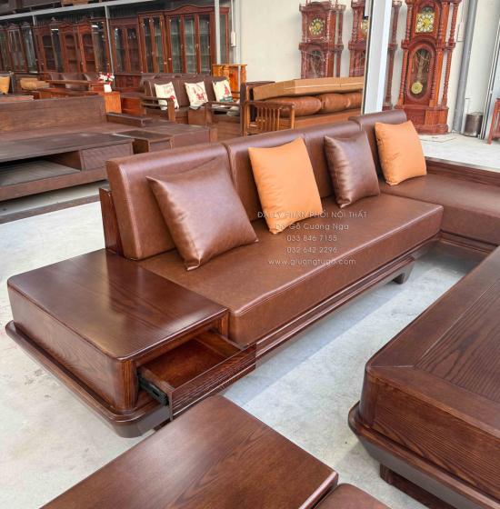 Bộ Sofa Gỗ Sồi Nga Góc L Chân Thuyền 2m8x1m9 Màu Óc Chó Sang Trọng