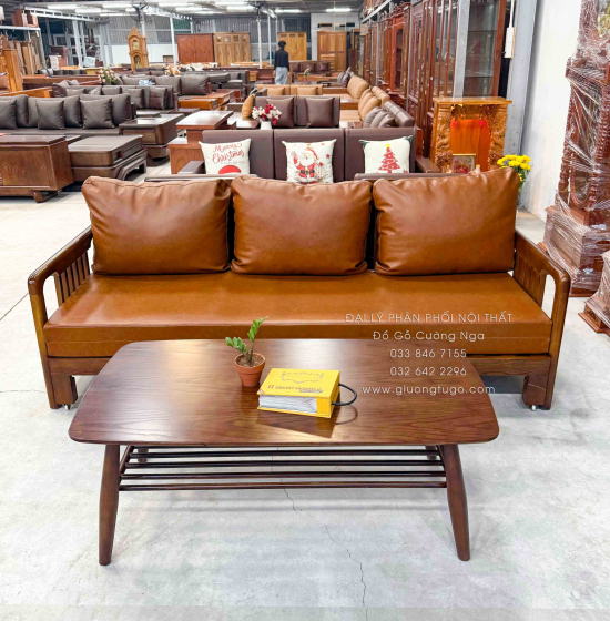 Ghế Nệm Kéo Thành Giường Gỗ Sồi Màu Óc Chó Kèm Bàn Trà Hiện Đại