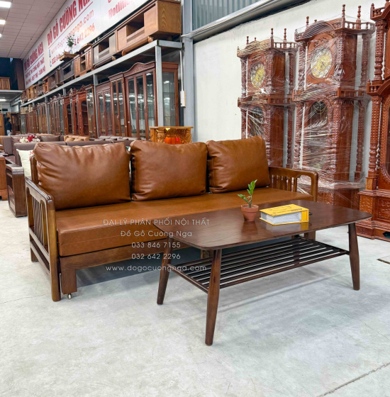 Bàn Trà Gỗ Sồi Hiện Đại Màu Óc Chó Kèm Kính Trắng