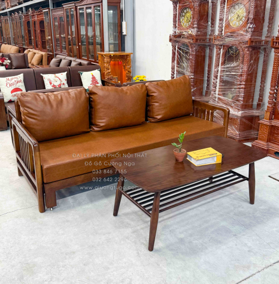 Ghế Nệm Kéo Thành Giường Gỗ Sồi Màu Óc Chó Kèm Bàn Trà Hiện Đại