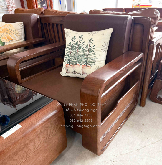 Sofa Đối Gỗ Sồi Nga Lau Màu Óc Chó 4 Chi Tiết Tay Vòng Kèm Nệm