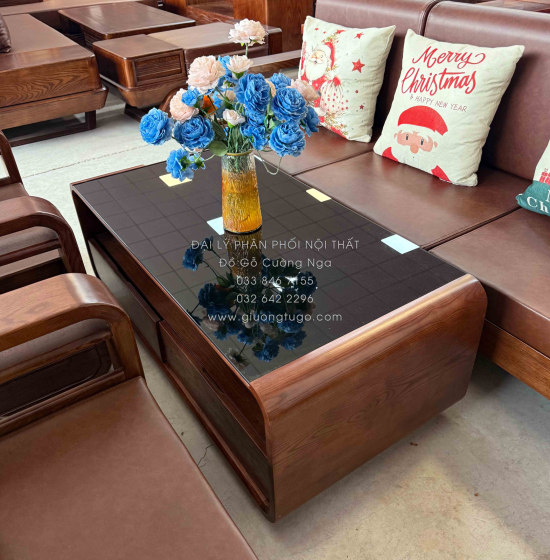 Sofa Đối Gỗ Sồi Nga Lau Màu Óc Chó 4 Chi Tiết Tay Vòng Kèm Nệm