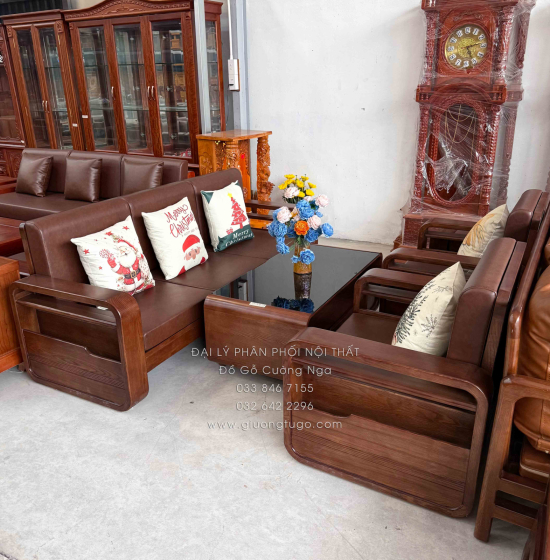 Sofa Đối Gỗ Sồi Nga Lau Màu Óc Chó 4 Chi Tiết Tay Vòng Kèm Nệm