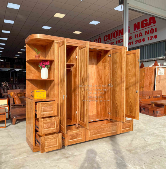 Tủ Áo Gỗ Hương Xám 4 Cánh Góc Trang Trí Bền Đẹp 