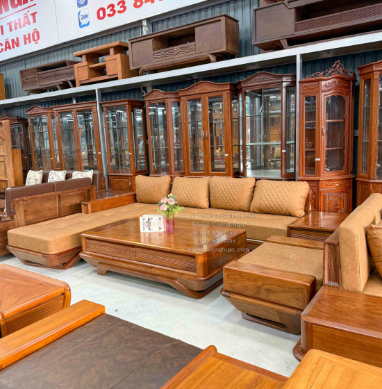 Sofa Gỗ Hương Vàng Góc L Chân Thuyền 3m15x2m15 Mẫu Nệm Da Sáng